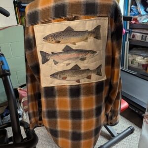 Custom made vintage Flannel Shirt with Fish patch, size Large.